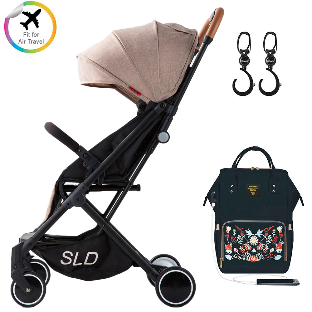 TEKNUM Travel Lite Stroller - Khaki + SUNVENO Diaper bag with USB - Black Embroidery and Stroller Hooks