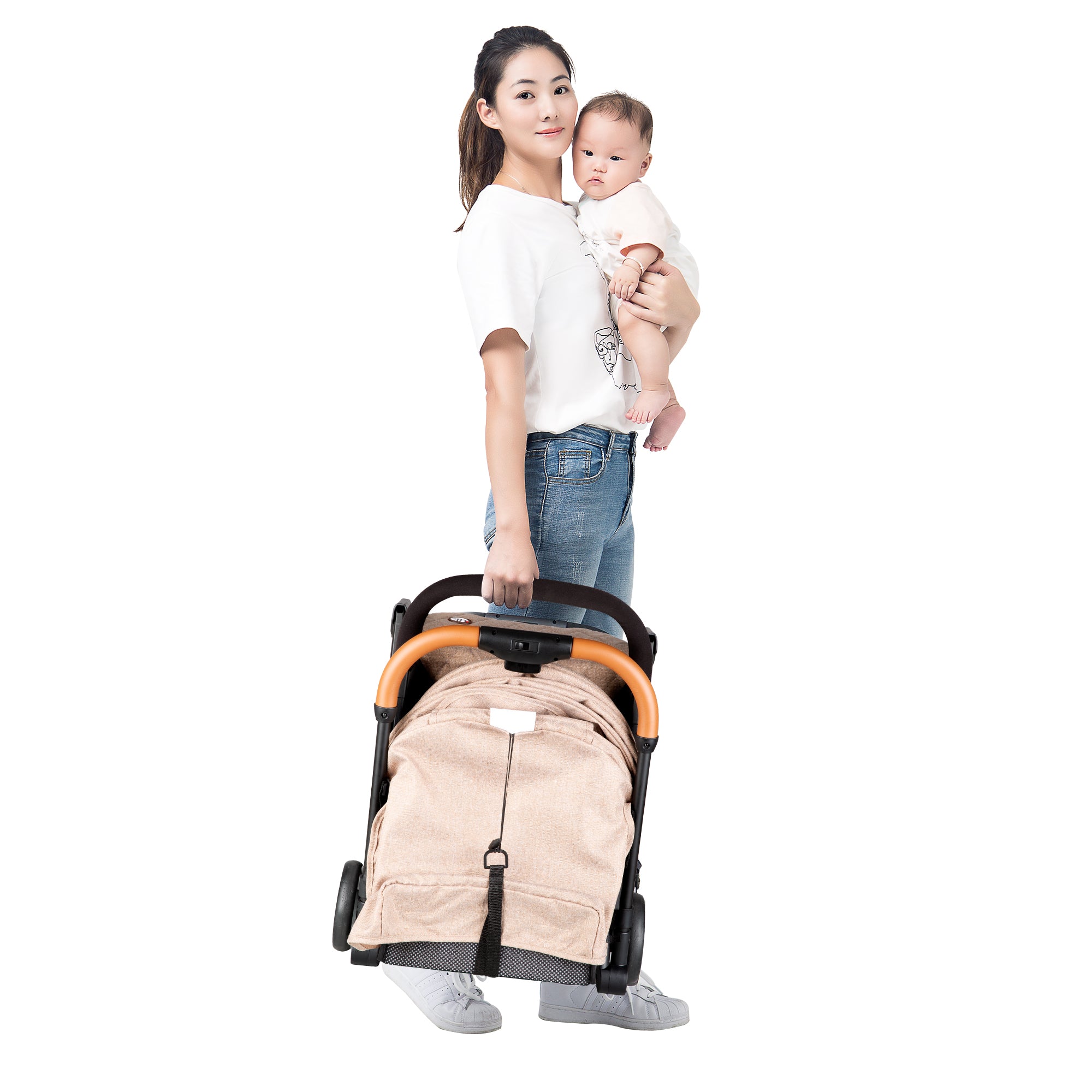 TEKNUM Travel Lite Stroller - Khaki + SUNVENO Diaper bag with USB - Black Embroidery and Stroller Hooks