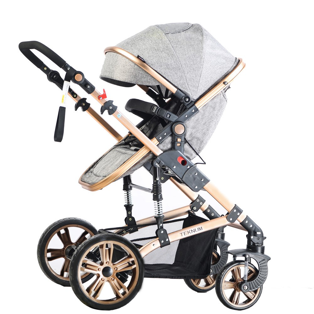 TEKNUM 3In1 Pram Stroller | Sleeping Bassinet | Extra Wide Seat | Wide Canopy | 360° Rotating Wheels | Fully Reclinable | Car Seat Compatible | Coffee Holder | Spill Proof Mat | Newborn Baby | 0 - 3 Years | Grey + Infant Car Seat