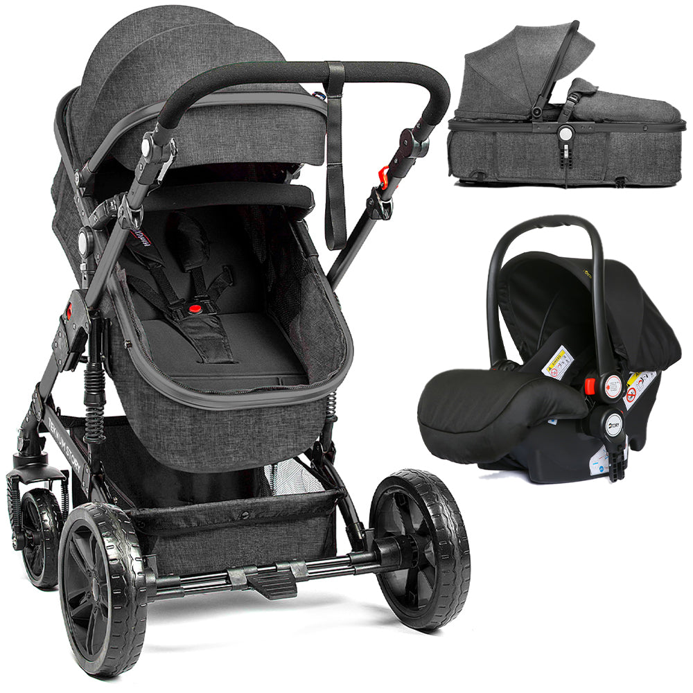 TEKNUM 3In1 Pram Stroller | Sleeping Bassinet | Extra Wide Seat | Wide Canopy | 360° Rotating Wheels | Fully Reclinable | Car Seat Compatible | Coffee Holder | Spill Proof Mat | Newborn Baby | 0 - 3 Years + Car Seat - Space Grey