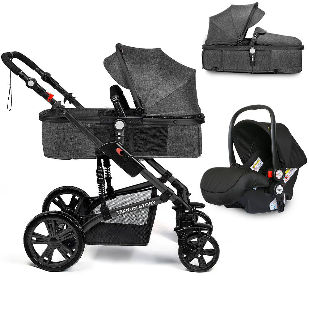 TEKNUM 3In1 Pram Stroller | Sleeping Bassinet | Extra Wide Seat | Wide Canopy | 360° Rotating Wheels | Fully Reclinable | Car Seat Compatible | Coffee Holder | Spill Proof Mat | Newborn Baby | 0 - 3 Years + Car Seat - Space Grey