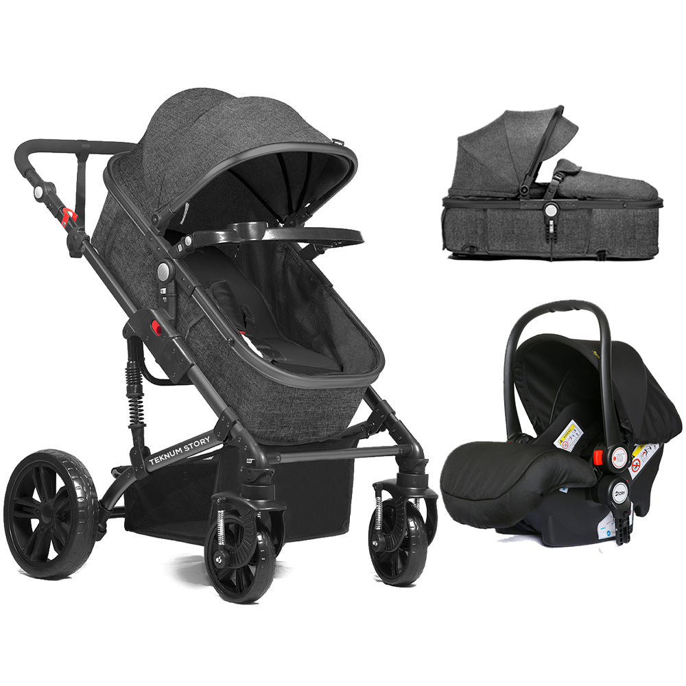 TEKNUM 3In1 Pram Stroller | Sleeping Bassinet | Extra Wide Seat | Wide Canopy | 360° Rotating Wheels | Fully Reclinable | Car Seat Compatible | Coffee Holder | Spill Proof Mat | Newborn Baby | 0 - 3 Years + Car Seat - Space Grey