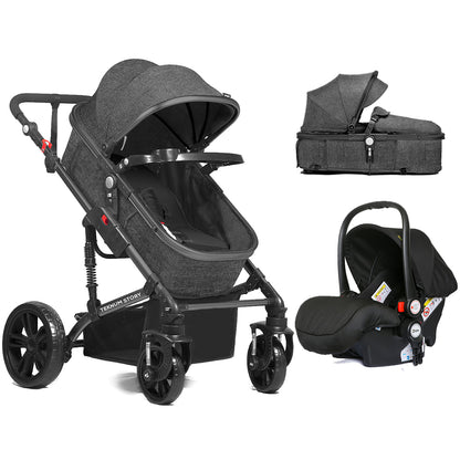 TEKNUM 3In1 Pram Stroller | Sleeping Bassinet | Extra Wide Seat | Wide Canopy | 360° Rotating Wheels | Fully Reclinable | Car Seat Compatible | Coffee Holder | Spill Proof Mat | Newborn Baby | 0 - 3 Years + Car Seat - Space Grey