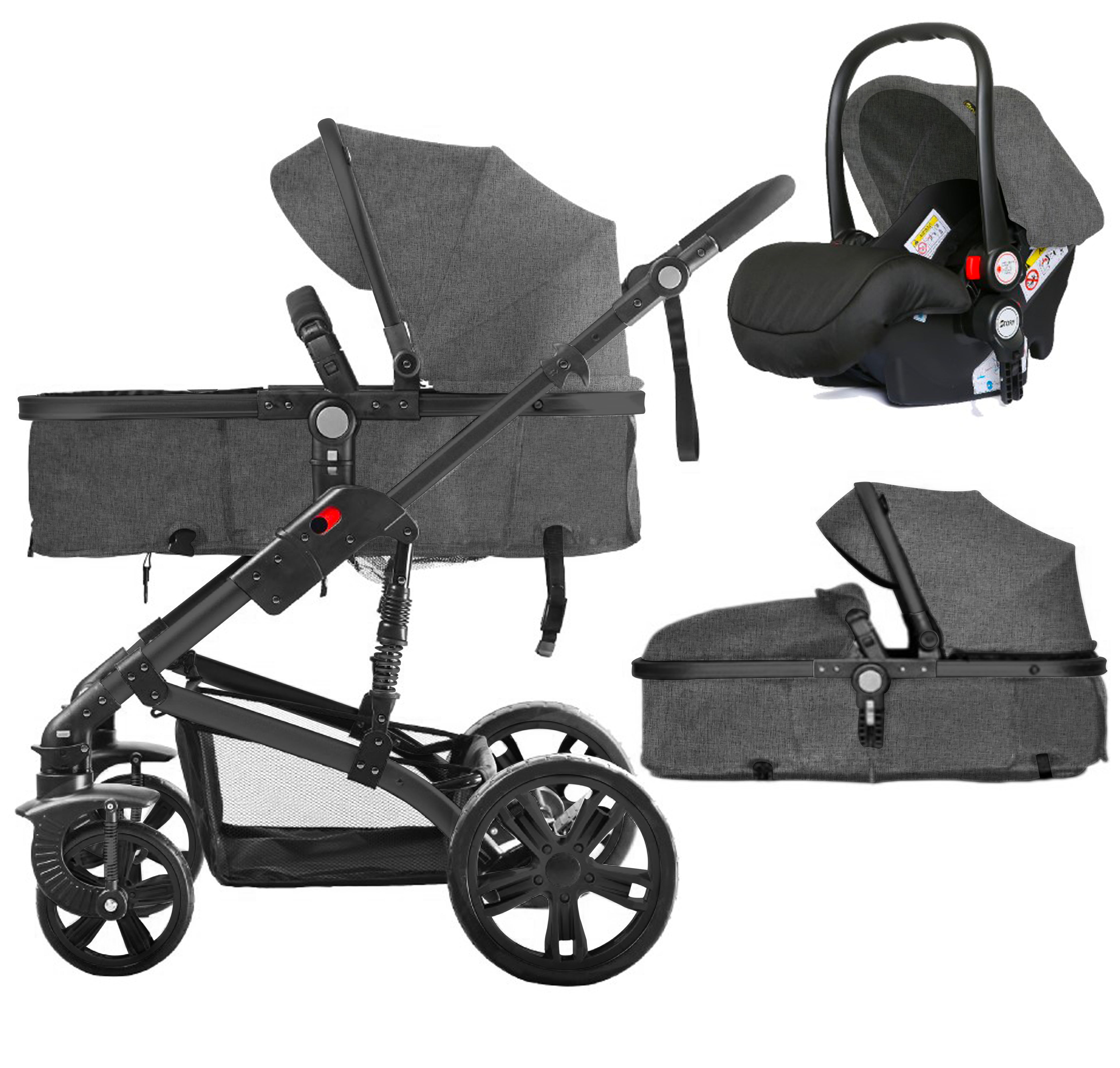 TEKNUM 3In1 Pram Stroller | Sleeping Bassinet | Extra Wide Seat | Wide Canopy | 360° Rotating Wheels | Fully Reclinable | Car Seat Compatible | Coffee Holder | Spill Proof Mat | Newborn Baby | 0 - 3 Years + Infant Car Seat Bundle - Space Grey
