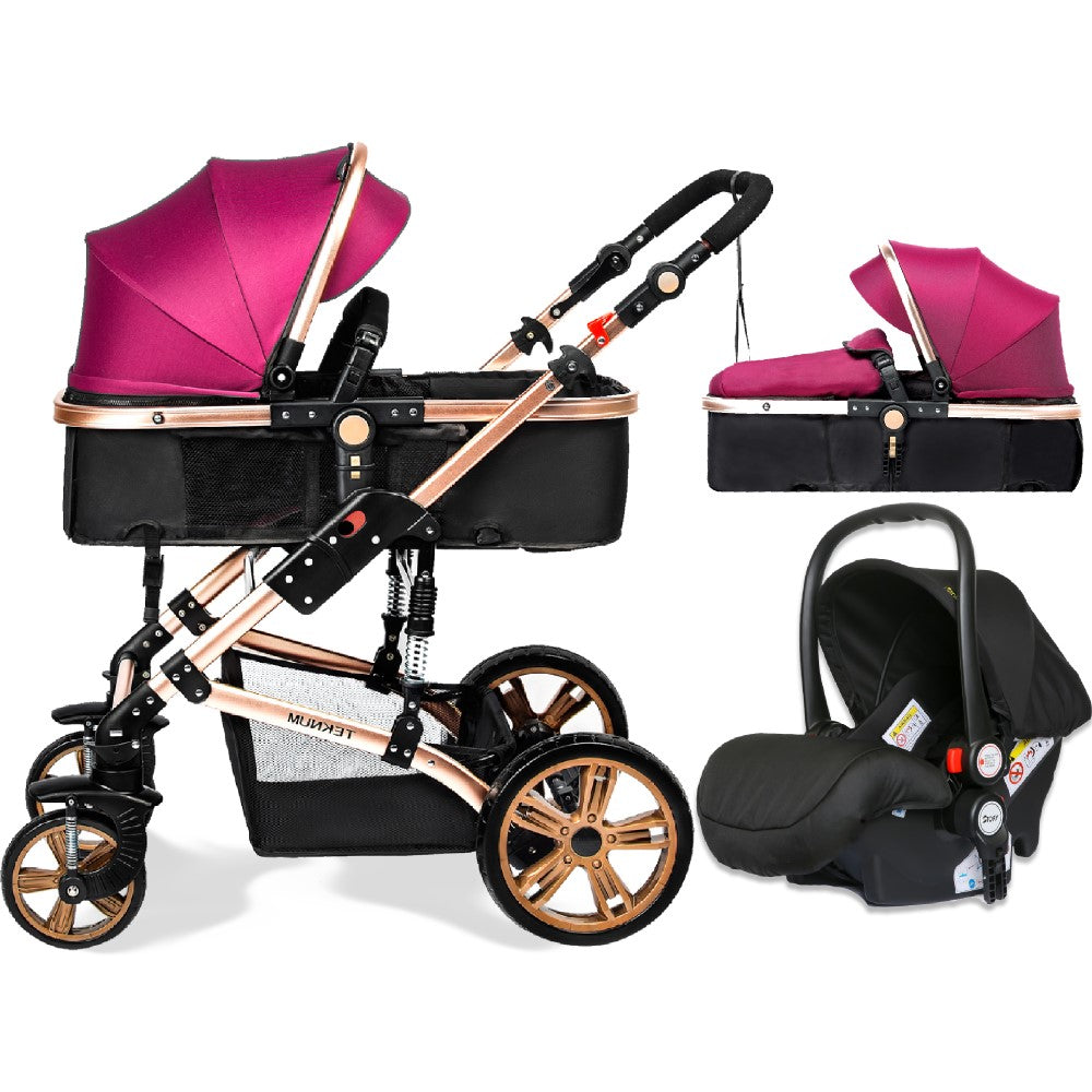 TEKNUM 3In1 Pram Stroller | Sleeping Bassinet | Extra Wide Seat | Wide Canopy | 360° Rotating Wheels | Fully Reclinable | Car Seat Compatible | Coffee Holder | Spill Proof Mat | Newborn Baby | 0 - 3 Years | Wine + Infant Car Seat