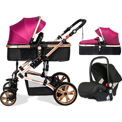 TEKNUM 3In1 Pram Stroller | Sleeping Bassinet | Extra Wide Seat | Wide Canopy | 360° Rotating Wheels | Fully Reclinable | Car Seat Compatible | Coffee Holder | Spill Proof Mat | Newborn Baby | 0 - 3 Years | Wine + Infant Car Seat