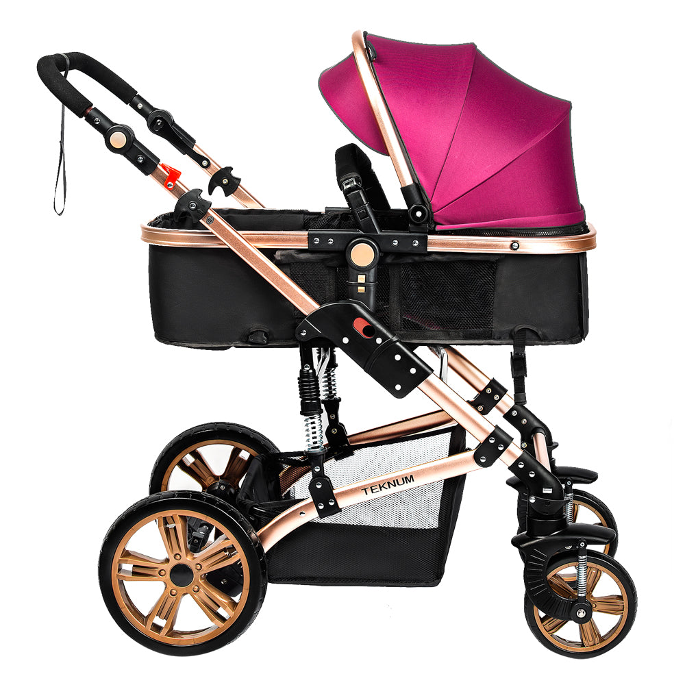 TEKNUM 3In1 Pram Stroller | Sleeping Bassinet | Extra Wide Seat | Wide Canopy | 360° Rotating Wheels | Fully Reclinable | Car Seat Compatible | Coffee Holder | Spill Proof Mat | Newborn Baby | 0 - 3 Years | Wine + Infant Car Seat