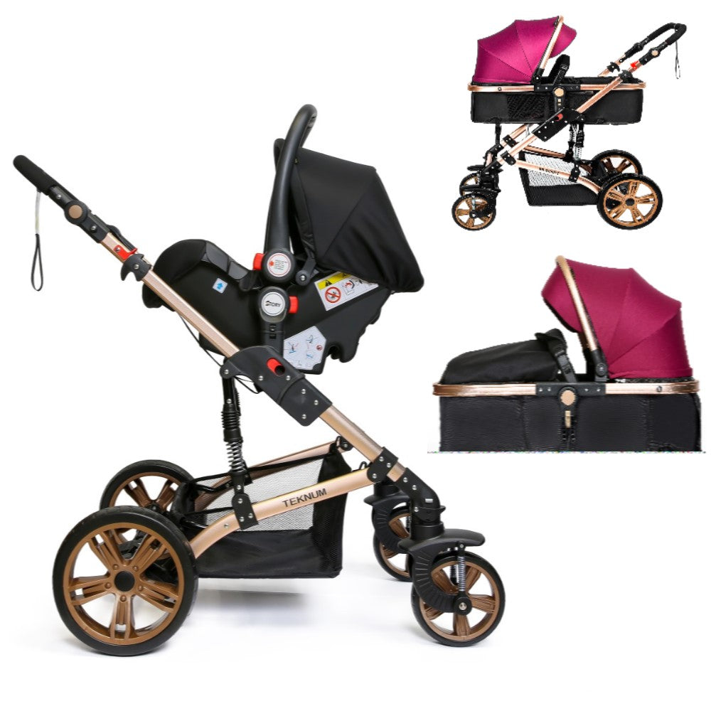 TEKNUM 3In1 Pram Stroller | Sleeping Bassinet | Extra Wide Seat | Wide Canopy | 360° Rotating Wheels | Fully Reclinable | Car Seat Compatible | Coffee Holder | Spill Proof Mat | Newborn Baby | 0 - 3 Years | Wine + Infant Car Seat