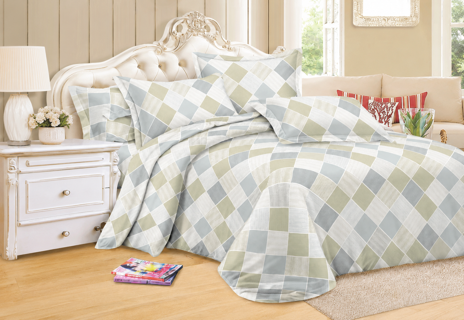 Oryzaa Living -Dream Nest Collection Classic Checkered  Premium  4pcs King size comforter Set-Multi color