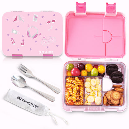 Eazy Kids Personalized 6 & 4 Convertible Bento Lunch Box w/Steel Spoon & Fork Set - Life Pink