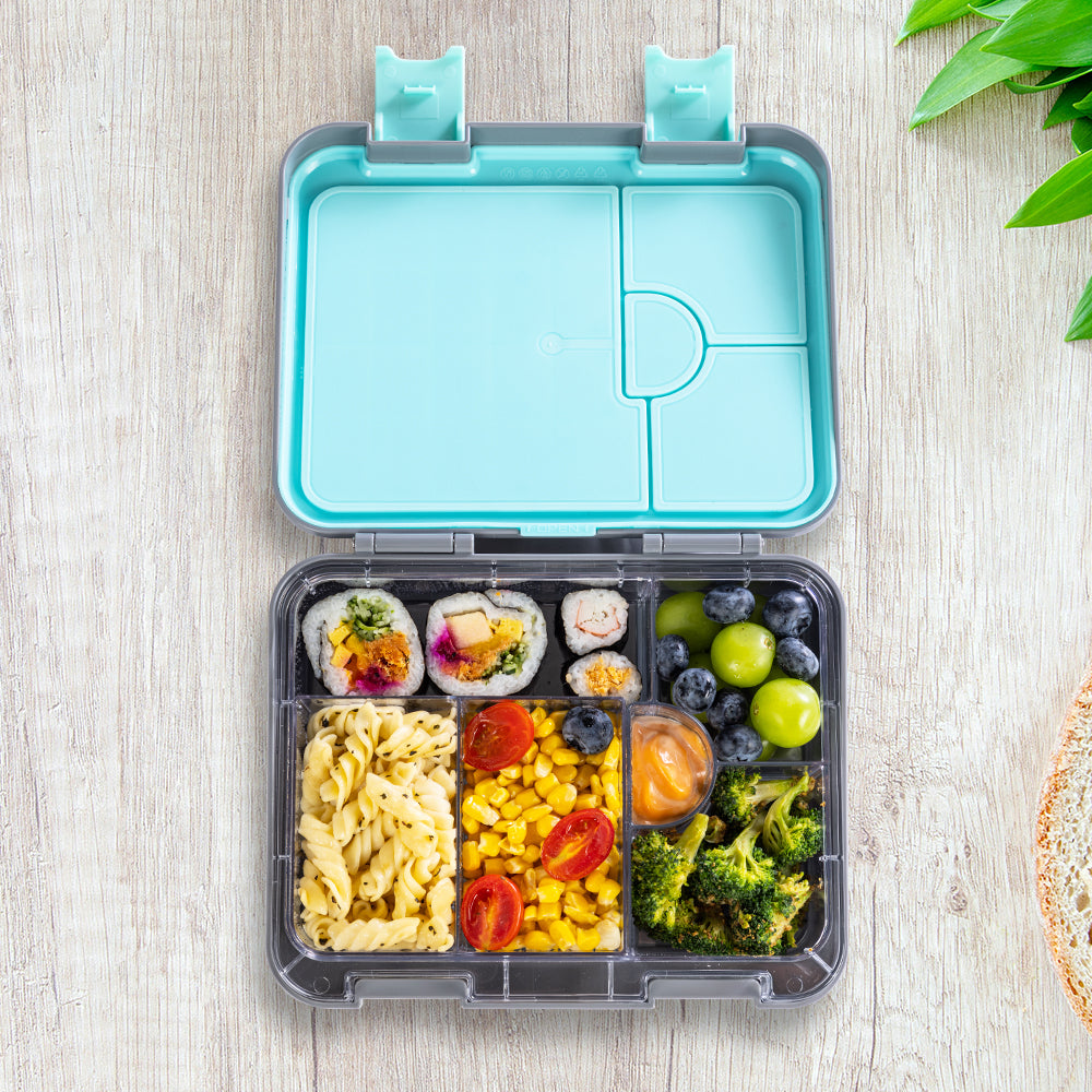 EAZY KIDS 6 & 4 Convertible Bento Lunch Box w/Steel Spoon & Fork Set and Alphabets Sticker - T-Rex Grey