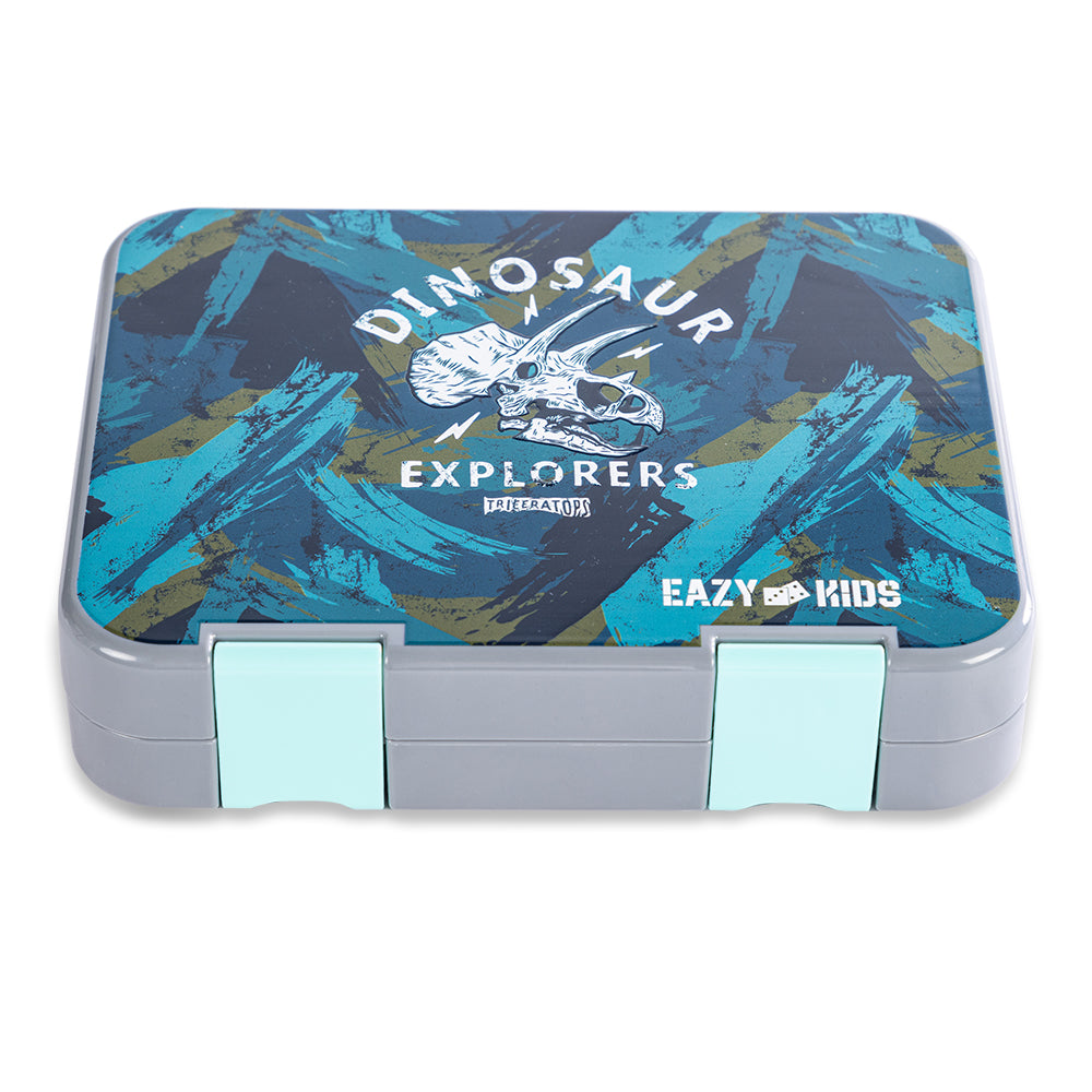 EAZY KIDS 6 & 4 Convertible Bento Lunch Box w/Steel Spoon & Fork Set and Alphabets Sticker - T-Rex Grey