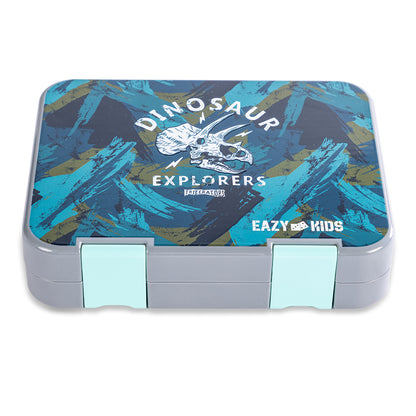 EAZY KIDS 6 & 4 Convertible Bento Lunch Box w/Steel Spoon & Fork Set and Alphabets Sticker - T-Rex Grey