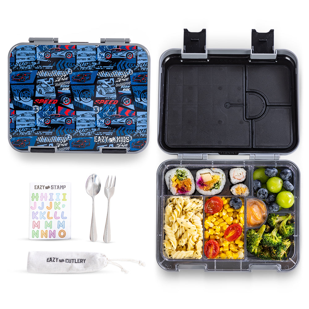 EAZY KIDS 6 & 4 Convertible Bento Lunch Box w/Steel Spoon & Fork Set and Alphabets Sticker - Car Racing Blue