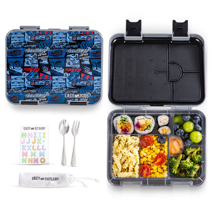 EAZY KIDS 6 & 4 Convertible Bento Lunch Box w/Steel Spoon & Fork Set and Alphabets Sticker - Car Racing Blue