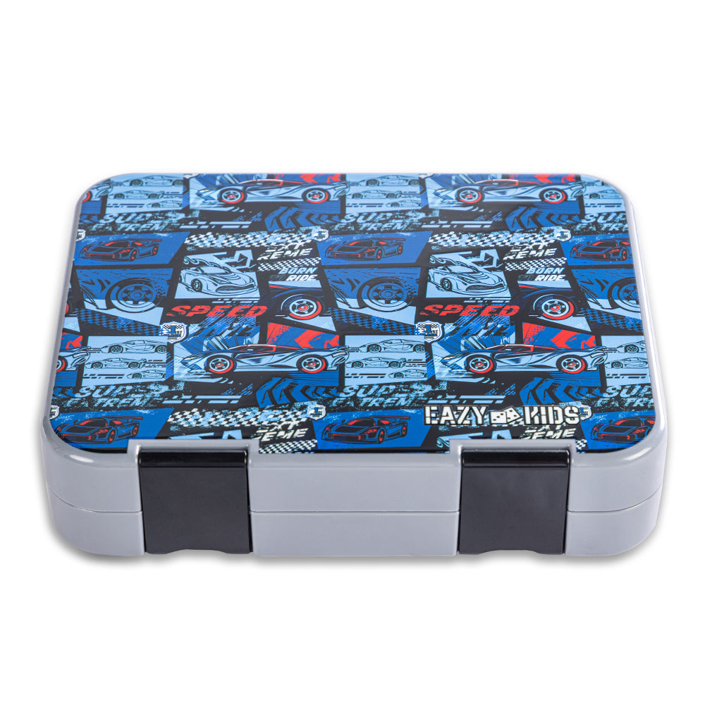 EAZY KIDS 6 & 4 Convertible Bento Lunch Box w/Steel Spoon & Fork Set and Alphabets Sticker - Car Racing Blue