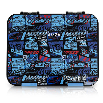 EAZY KIDS Personalized 6 & 4 Convertible Bento Lunch Box w/Steel Spoon & Fork Set and Alphabets Sticker - Car Racing Blue (Copy)