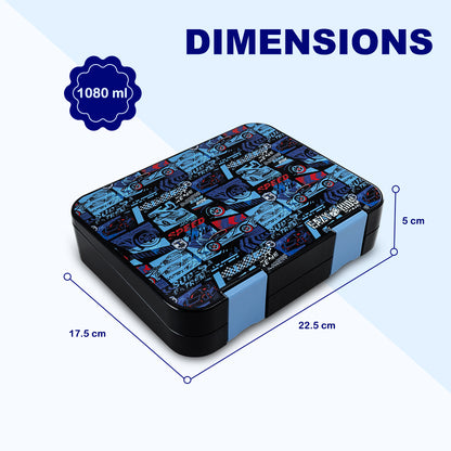 EAZY KIDS Personalized 6 & 4 Convertible Bento Lunch Box w/Steel Spoon & Fork Set and Alphabets Sticker - Car Racing Blue (Copy)