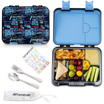 EAZY KIDS Personalized 6 & 4 Convertible Bento Lunch Box w/Steel Spoon & Fork Set and Alphabets Sticker - Car Racing Blue (Copy)