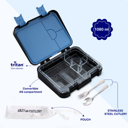 EAZY KIDS Personalized 6 & 4 Convertible Bento Lunch Box w/Steel Spoon & Fork Set and Alphabets Sticker - Car Racing Blue (Copy)