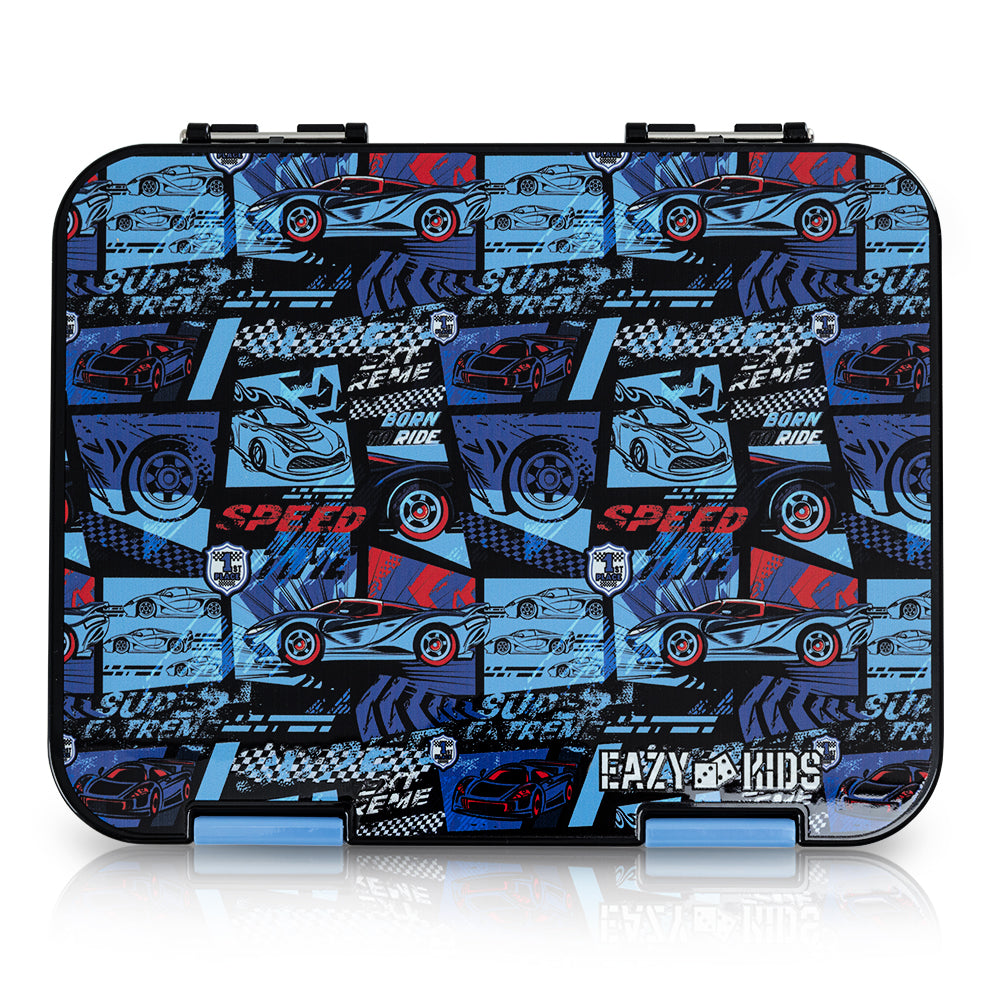 EAZY KIDS Personalized 6 & 4 Convertible Bento Lunch Box w/Steel Spoon & Fork Set and Alphabets Sticker - Car Racing Blue (Copy)