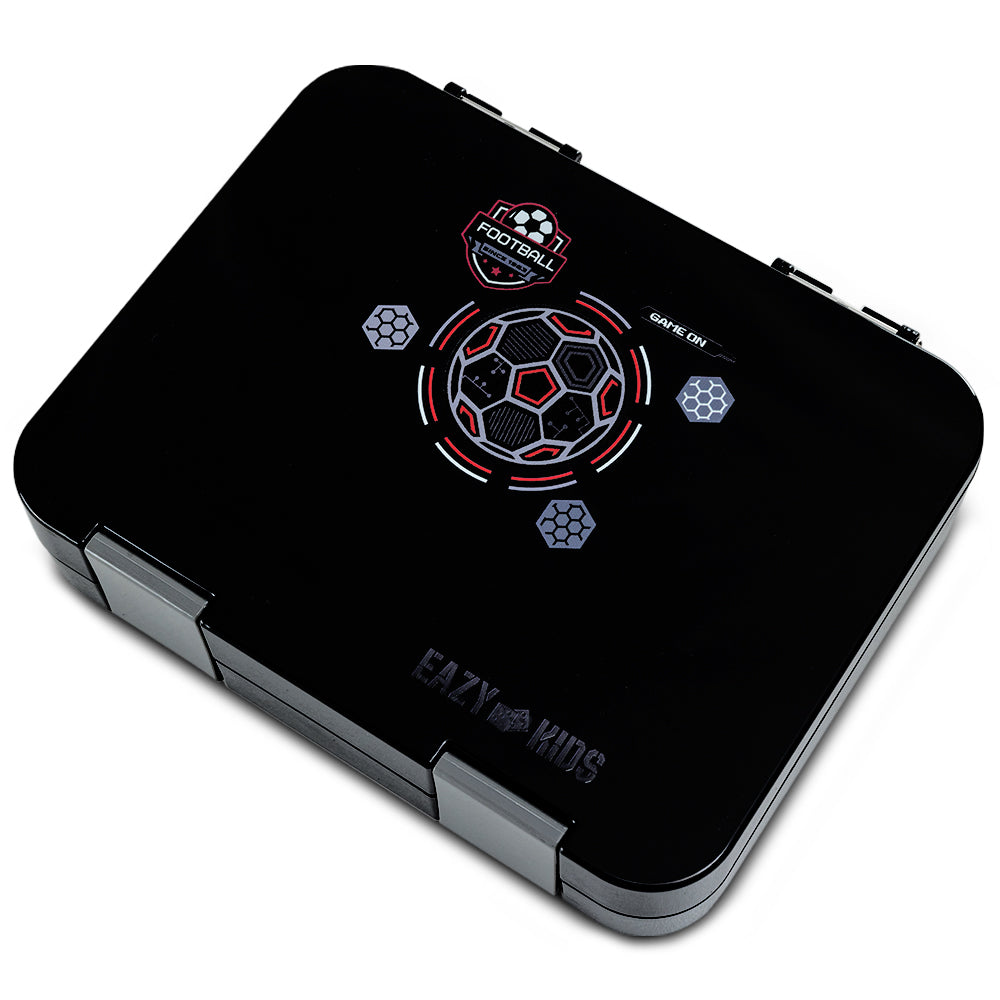 Eazy Kids 6 & 4 Convertible Bento Lunch Box w/Steel Spoon & Fork Set - Football Black