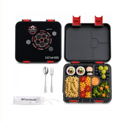 Eazy Kids 6 & 4 Convertible Bento Lunch Box w/Steel Spoon & Fork Set - Football Black
