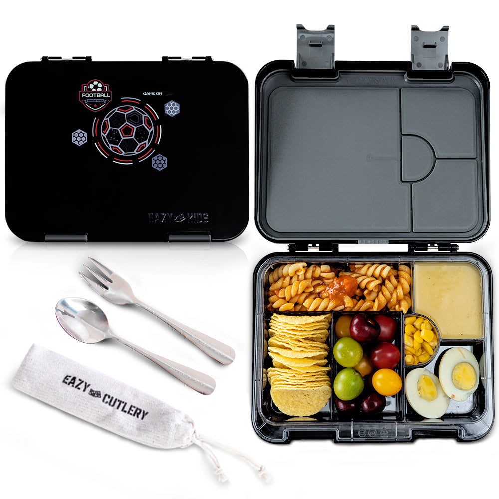 Eazy Kids Personalized 6 & 4 Convertible Bento Lunch Box w/Steel Spoon & Fork Set - Football Black