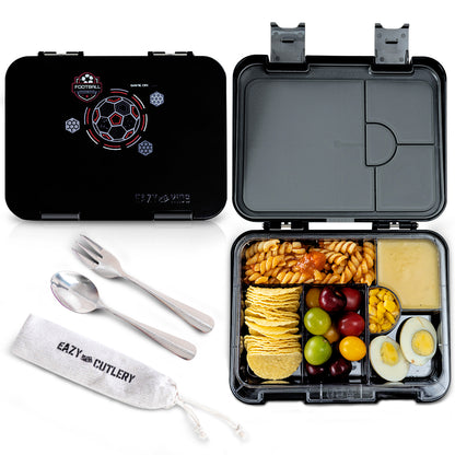Eazy Kids Personalized 6 & 4 Convertible Bento Lunch Box w/Steel Spoon & Fork Set - Football Black
