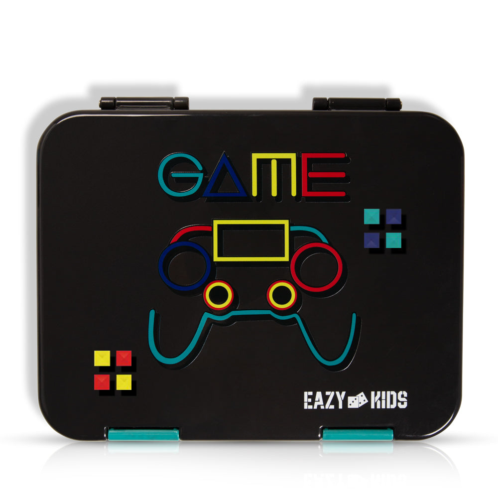 EAZY KIDS 6 & 4 Convertible Bento Lunch Box w/Steel Spoon & Fork Set and Alphabets Sticker - Gamer