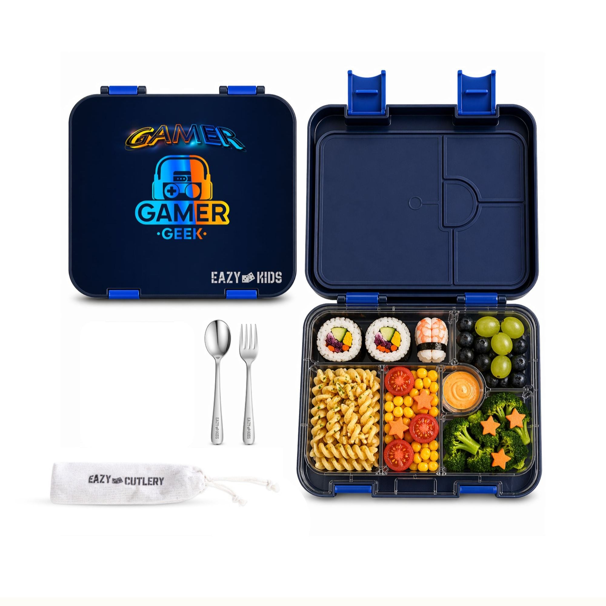 Eazy Kids 6 & 4 Convertible Bento Lunch Box w/Steel Spoon & Fork Set - Gamer Black