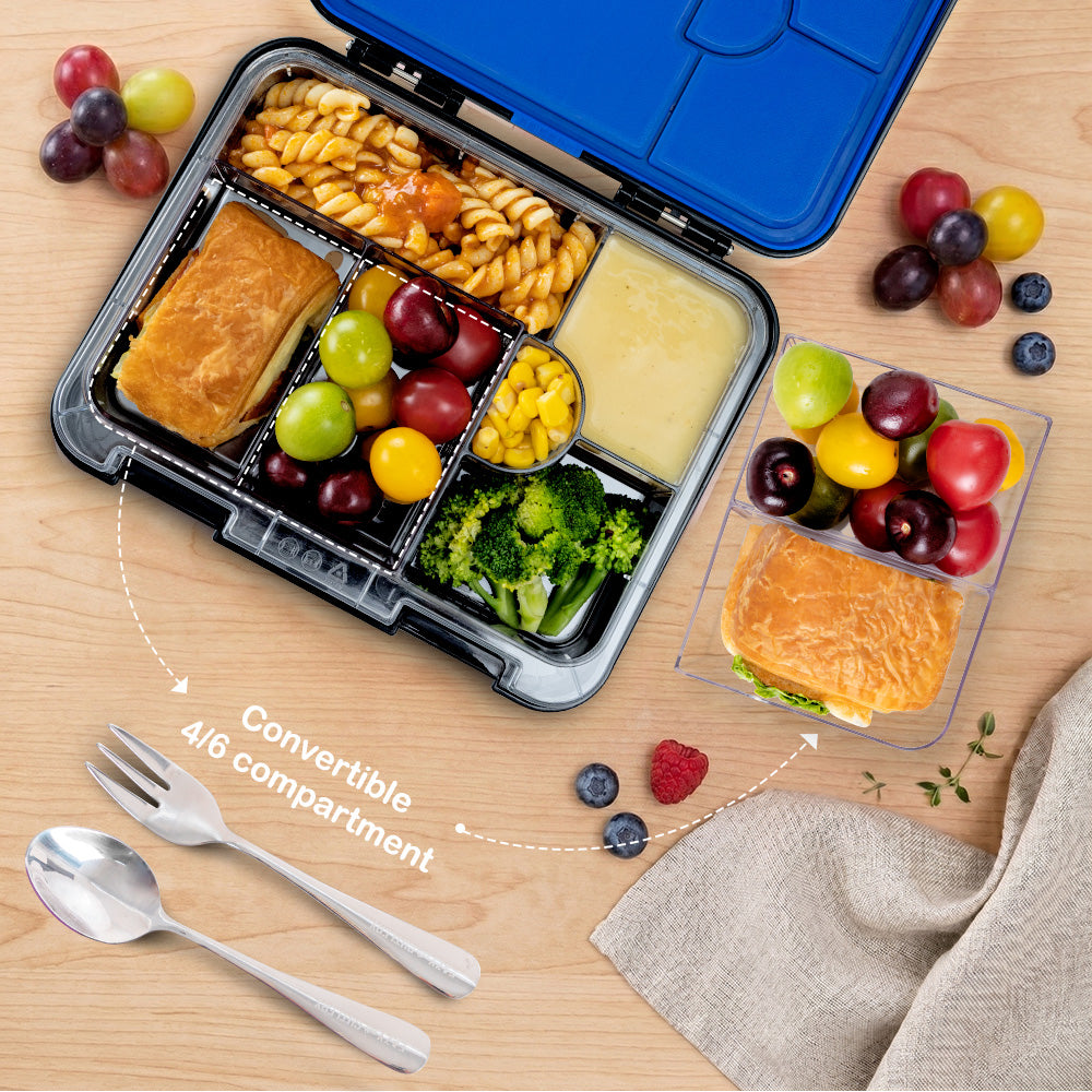 Eazy Kids 6 & 4 Convertible Bento Lunch Box w/Steel Spoon & Fork Set - Gamer Black