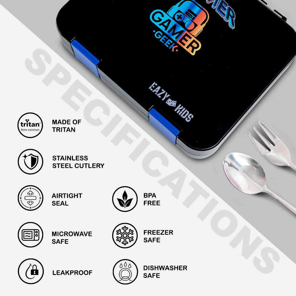 Eazy Kids Personalized 6 & 4 Convertible Bento Lunch Box w/Steel Spoon & Fork Set - Gamer Black