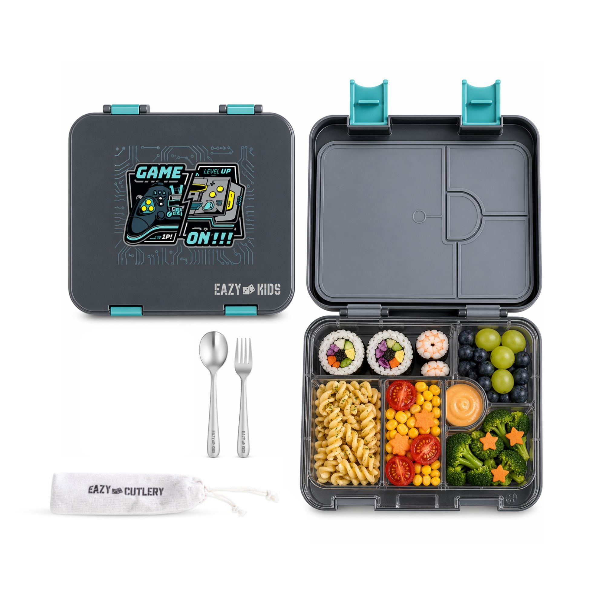 Eazy Kids 6 & 4 Convertible Bento Lunch Box w/Steel Spoon & Fork Set - Game ON Grey
