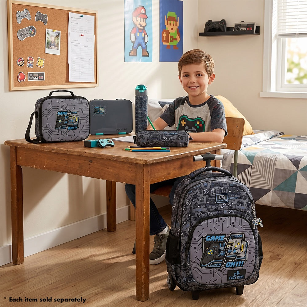 Eazy Kids 6 & 4 Convertible Bento Lunch Box w/Steel Spoon & Fork Set - Game ON Grey