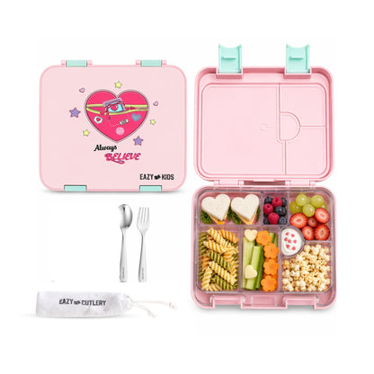 Eazy Kids 6 & 4 Convertible Bento Lunch Box w/Steel Spoon & Fork Set - Always Believe Pink