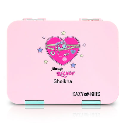 Eazy Kids Personalized 6 & 4 Convertible Bento Lunch Box w/Steel Spoon & Fork Set - Always Believe Pink