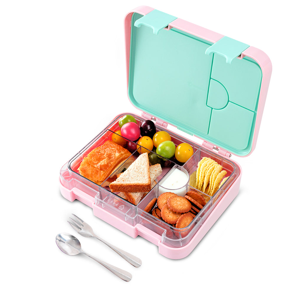 Eazy Kids Personalized 6 & 4 Convertible Bento Lunch Box w/Steel Spoon & Fork Set - Always Believe Pink