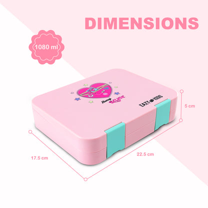 Eazy Kids Personalized 6 & 4 Convertible Bento Lunch Box w/Steel Spoon & Fork Set - Always Believe Pink