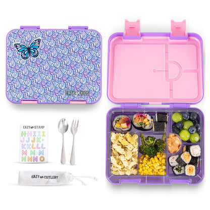 EAZY KIDS 6 & 4 Convertible Bento Lunch Box w/Steel Spoon & Fork Set and Alphabets Sticker - Butterfly Purple