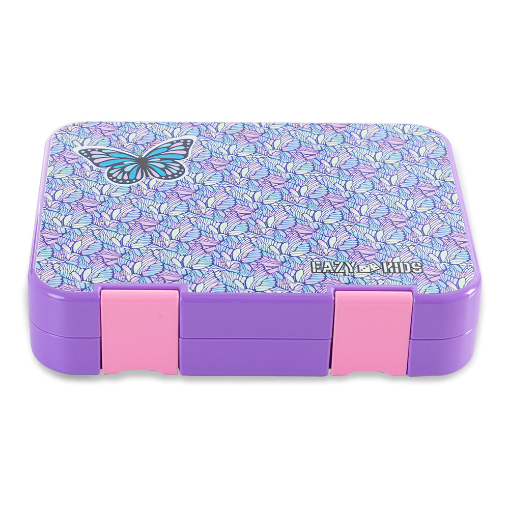 EAZY KIDS 6 & 4 Convertible Bento Lunch Box w/Steel Spoon & Fork Set and Alphabets Sticker - Butterfly Purple