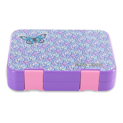 EAZY KIDS 6 & 4 Convertible Bento Lunch Box w/Steel Spoon & Fork Set and Alphabets Sticker - Butterfly Purple