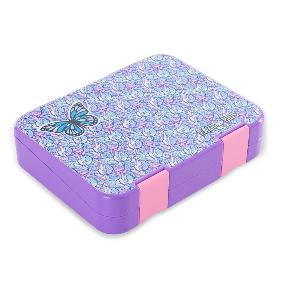 EAZY KIDS 6 & 4 Convertible Bento Lunch Box w/Steel Spoon & Fork Set and Alphabets Sticker - Butterfly Purple