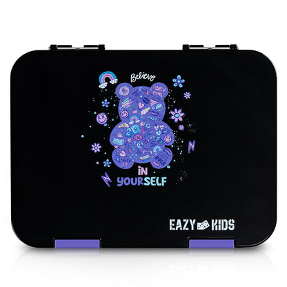 Eazy Kids 6 & 4 Convertible Bento Lunch Box w/Steel Spoon & Fork Set - Teddy Black