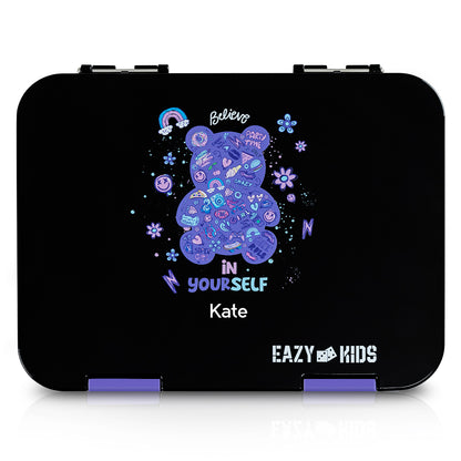 Eazy Kids Personalized 6 & 4 Convertible Bento Lunch Box w/Steel Spoon & Fork Set - Teddy Black