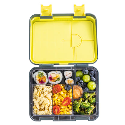EAZY KIDS 6 & 4 Convertible Bento Lunch Box w/Steel Spoon & Fork Set and Alphabets Sticker - T-Rex dino Grey