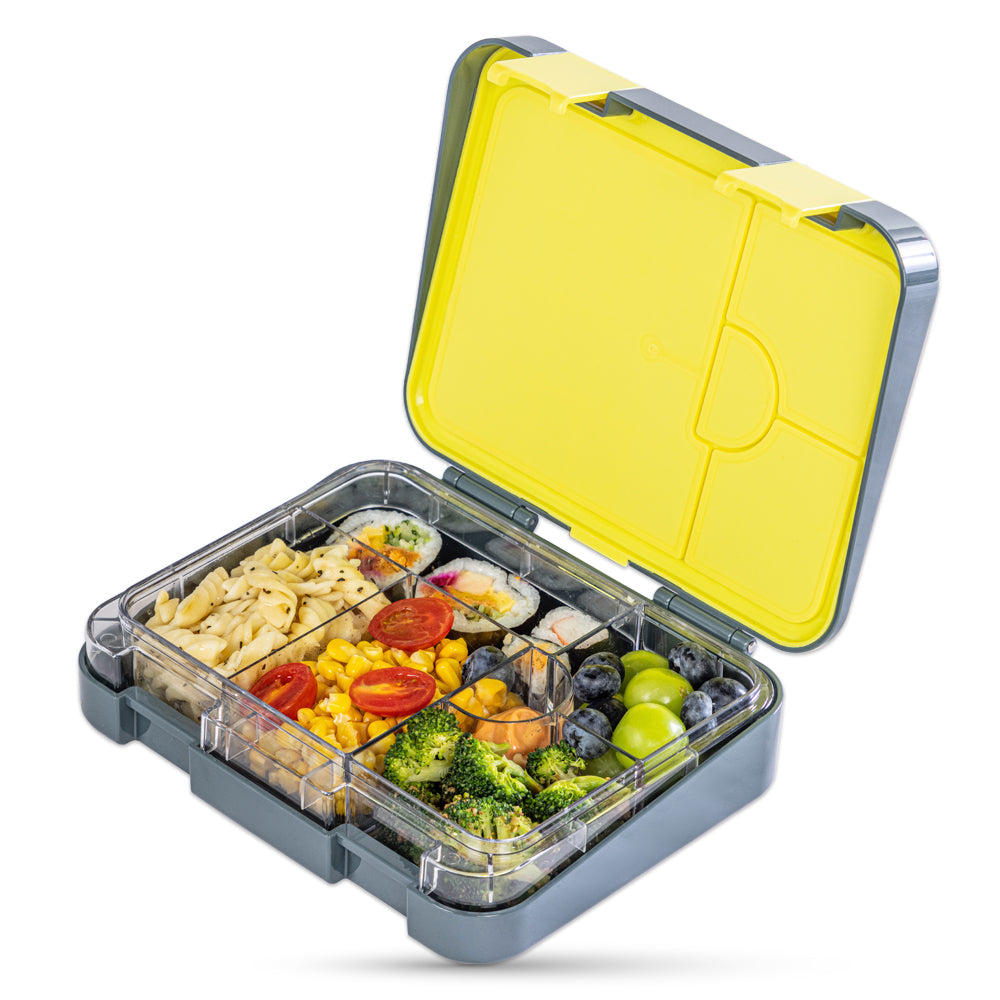 EAZY KIDS 6 & 4 Convertible Bento Lunch Box w/Steel Spoon & Fork Set and Alphabets Sticker - T-Rex dino Grey