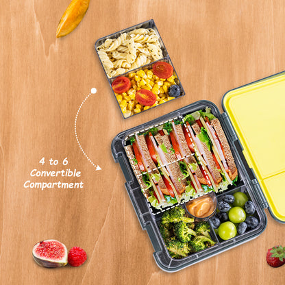 EAZY KIDS 6 & 4 Convertible Bento Lunch Box w/Steel Spoon & Fork Set and Alphabets Sticker - T-Rex dino Grey