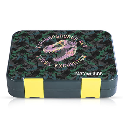EAZY KIDS 6 & 4 Convertible Bento Lunch Box w/Steel Spoon & Fork Set and Alphabets Sticker - T-Rex dino Grey
