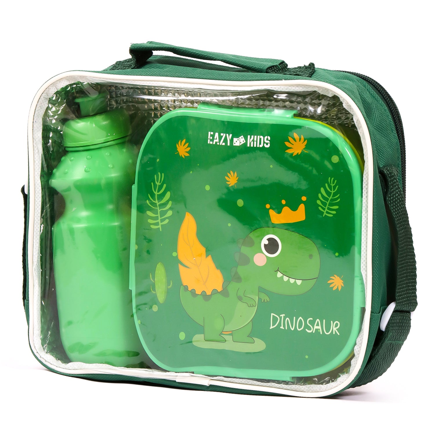 EAZY KIDS Lunch Box and Water Bottle With Bag - Dino Green